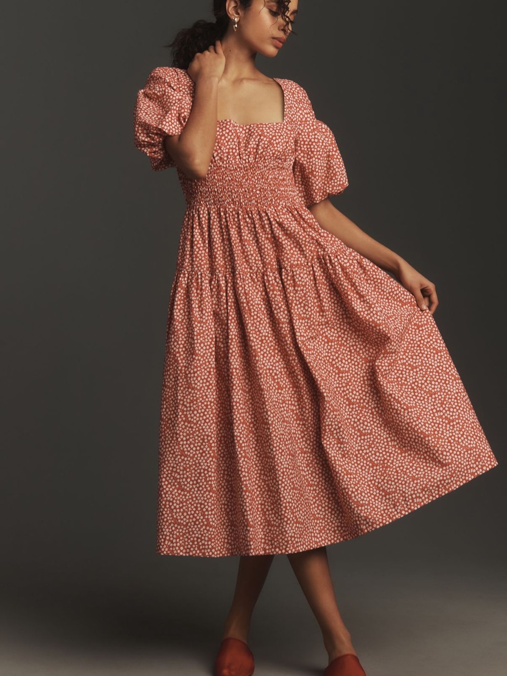 By Anthropologie Puff-Sleeve Smocked Poplin Midi Dress